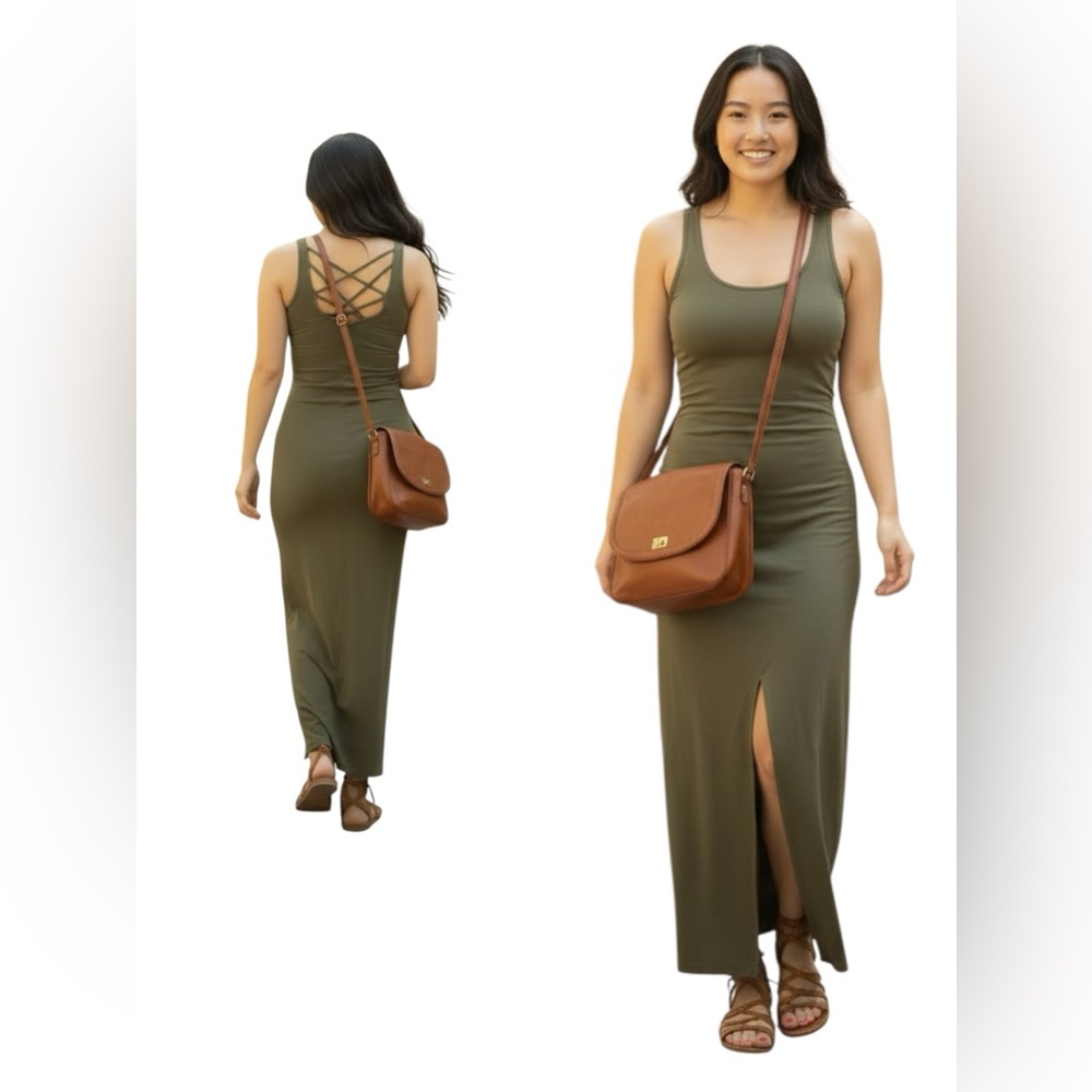 Express Olive Green Tank Maxi Dress with Front Slit